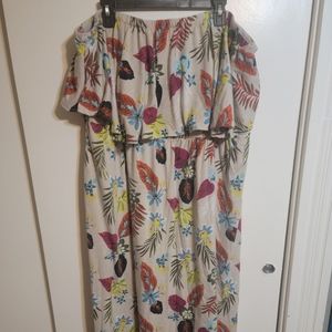 Beige and floral print strapless maxi dress